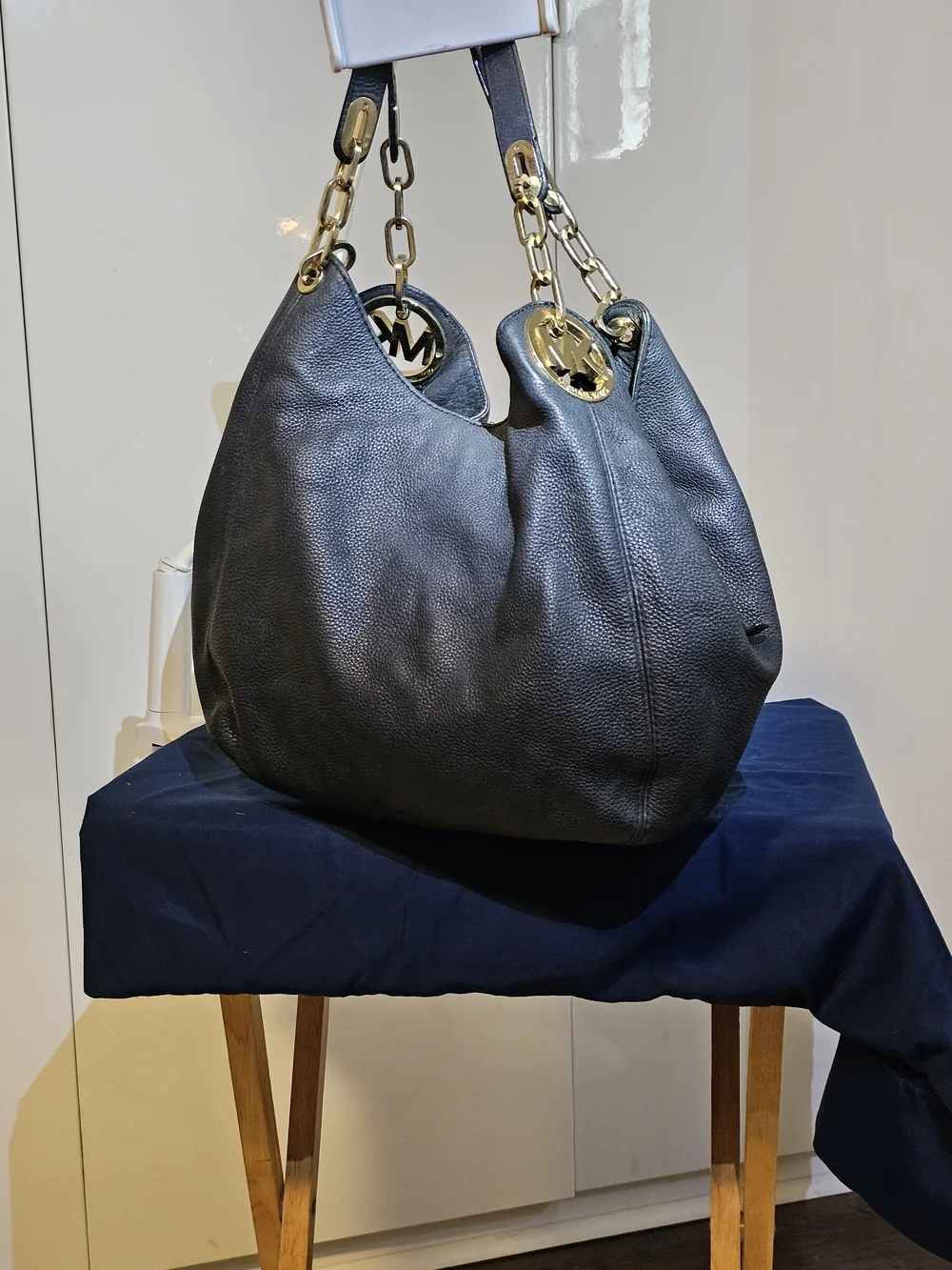 Michael Kors Dark Navy Pebbled Leather Chain-Accent Hobo